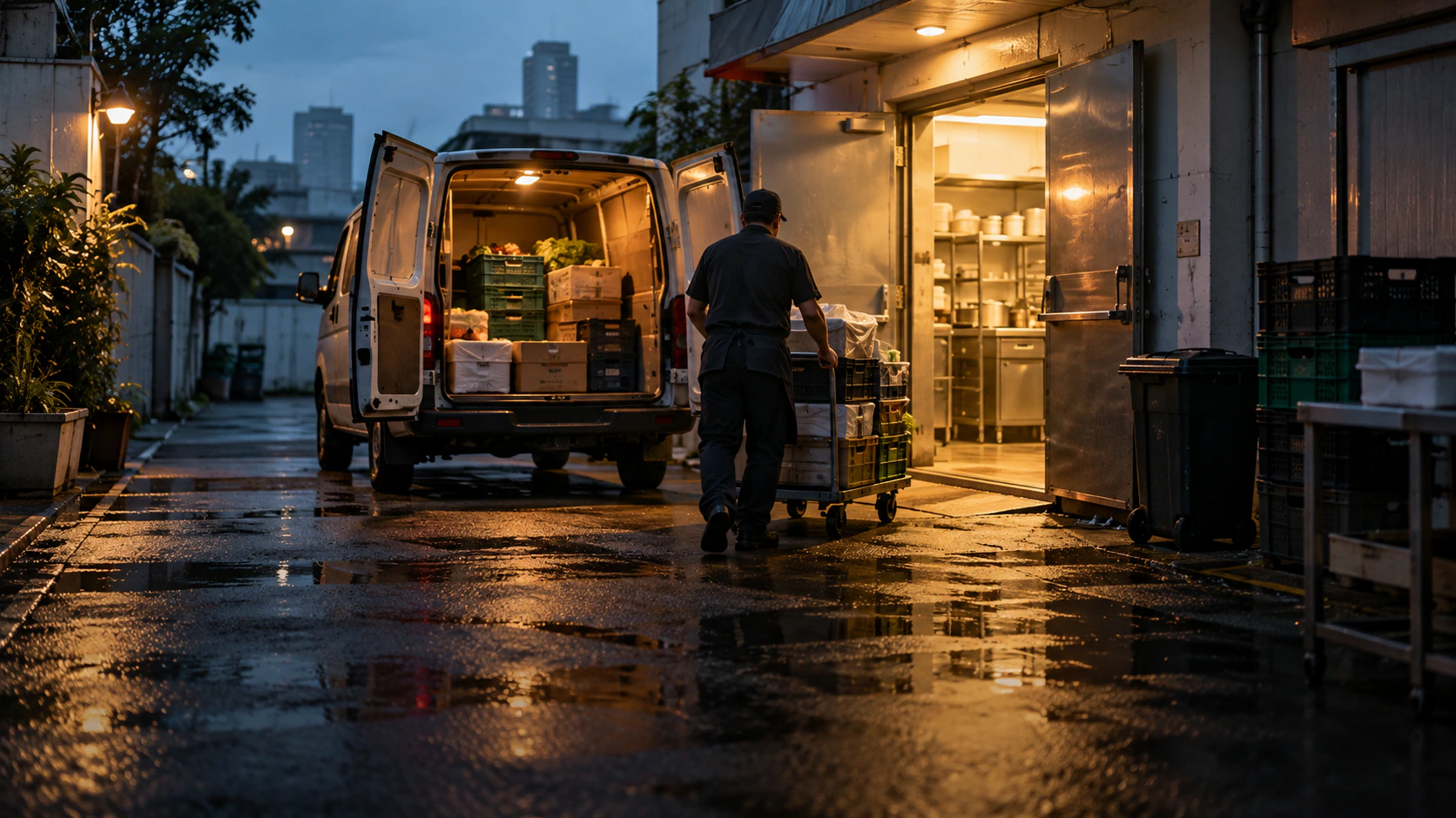 A supplier wheeling crates of produce from a van into a restaurant back door at dawn