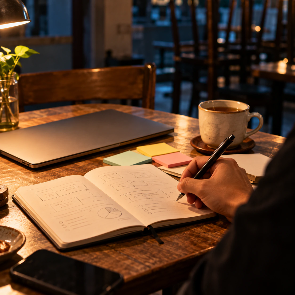 An owner sketching a campaign plan in a notebook at a cafe table after closing