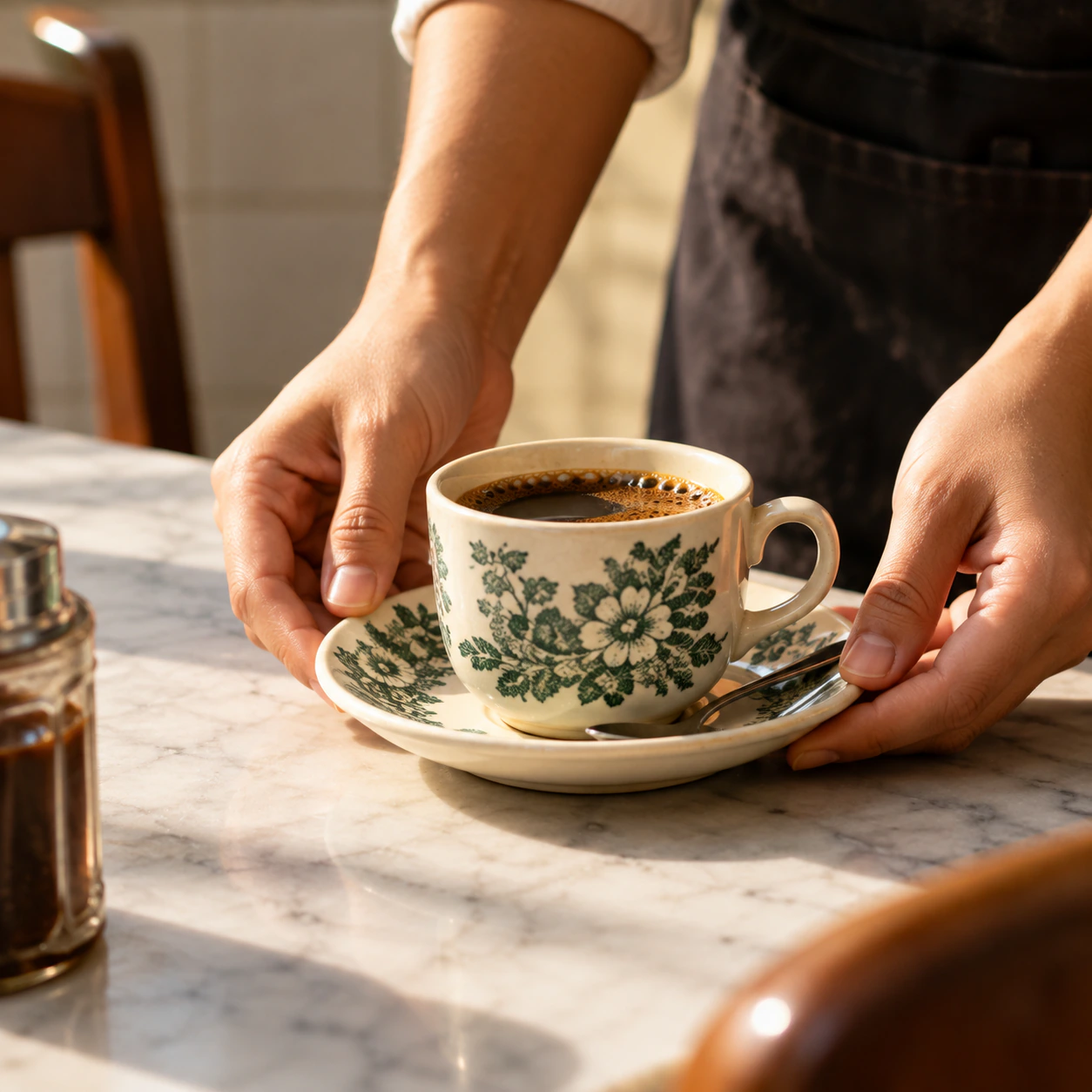 Hands setting down a kopi in a green floral heritage cup on a marble table