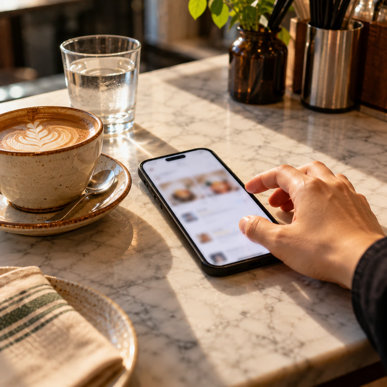 A diner scrolling restaurant reviews on a phone beside a latte