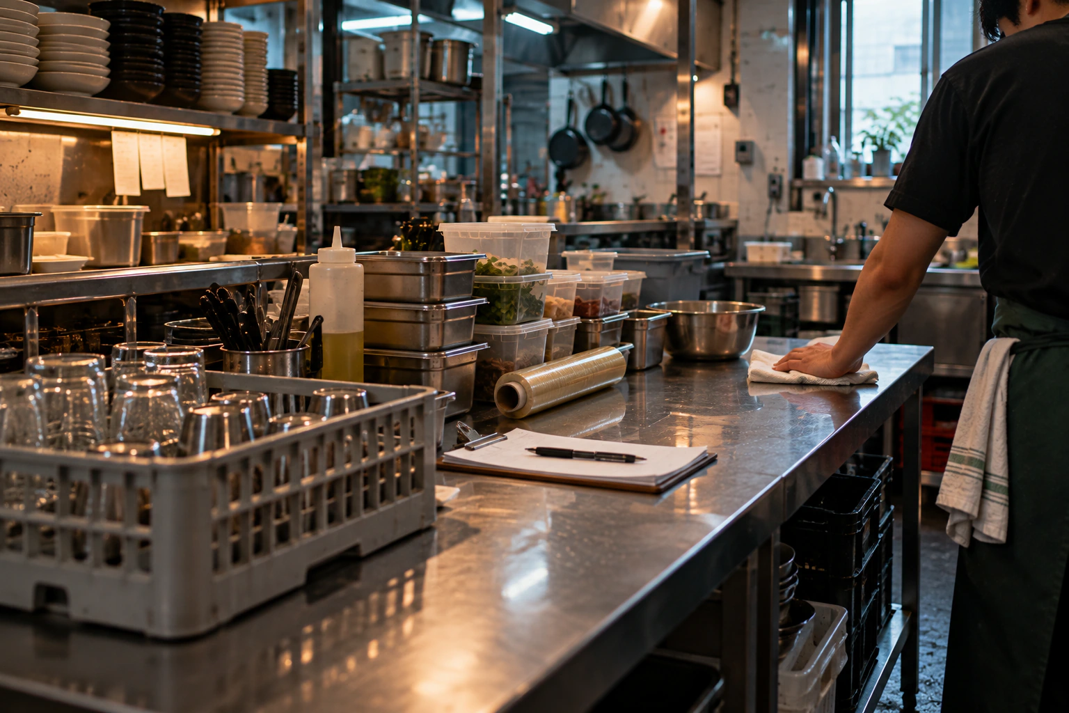A cook wiping down a steel prep counter lined with containers and a clipboard of stock notes