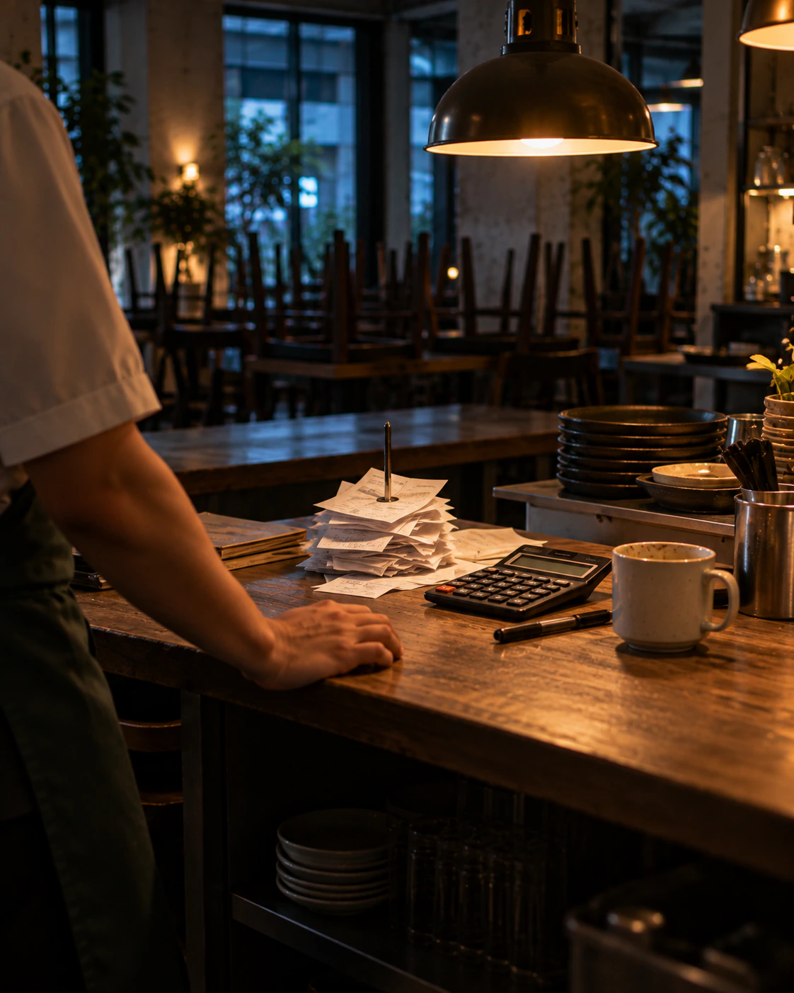 Receipts on a spike beside a calculator on a restaurant counter after closing