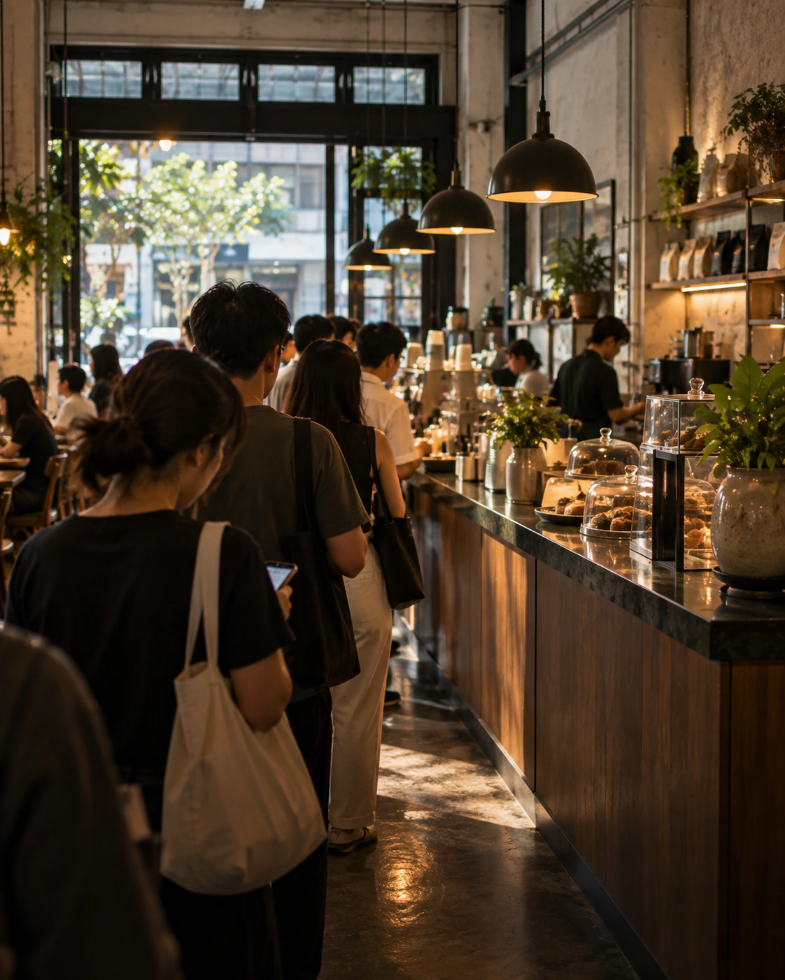 Customers queueing along the counter of a busy cafe