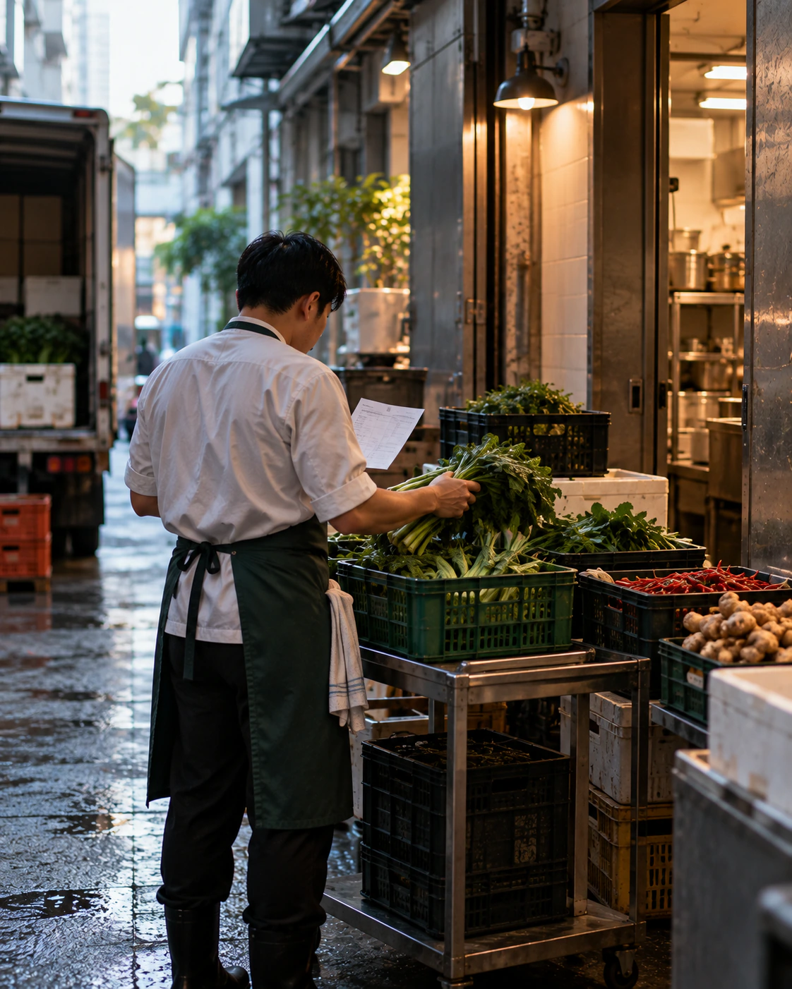 A cook checking a vegetable delivery against the invoice at a restaurant back door